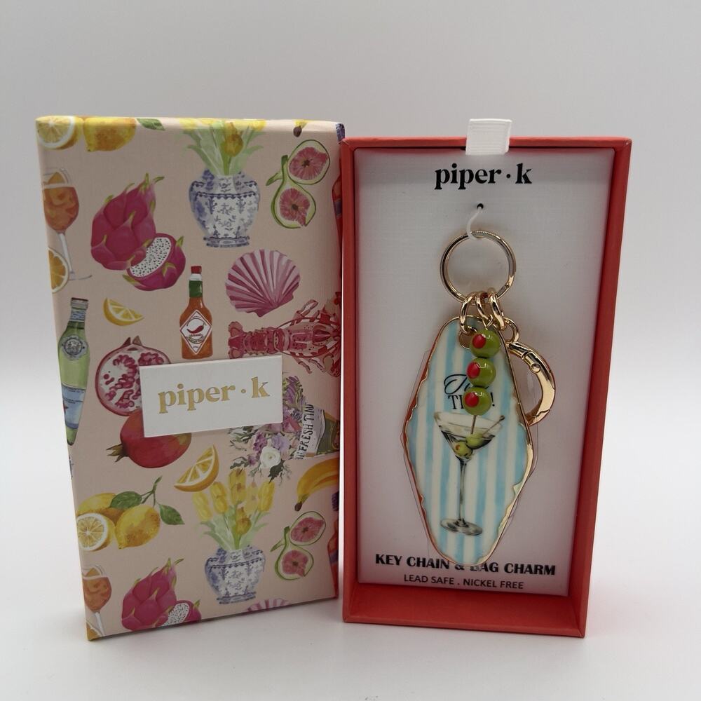 Piper K Tini Time Martini Glass Keychain Bag Charm Blue Stripe Beads Olive Retro